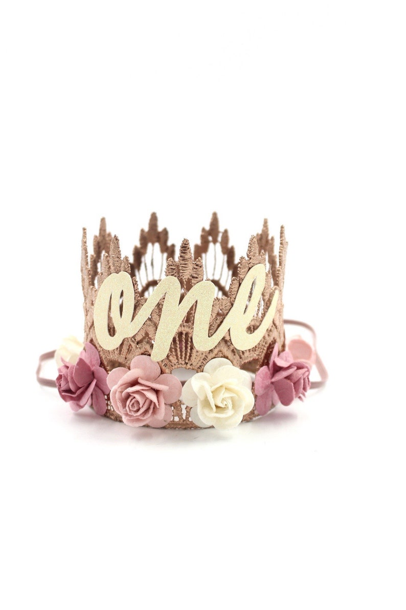 rose gold first birthday crown with mauve, dusty pink, blush, ivory roses. First Birthday Crown