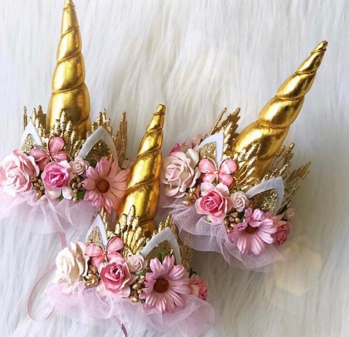 Boho Bloom Pink Gold UNICORN Flower Lace Crown Headband With | Etsy
