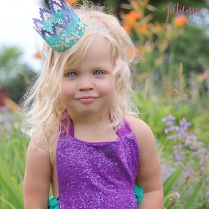 lavender and aqua ombre first birthday mermaid lace crown with gold starfish, and gold sparkly