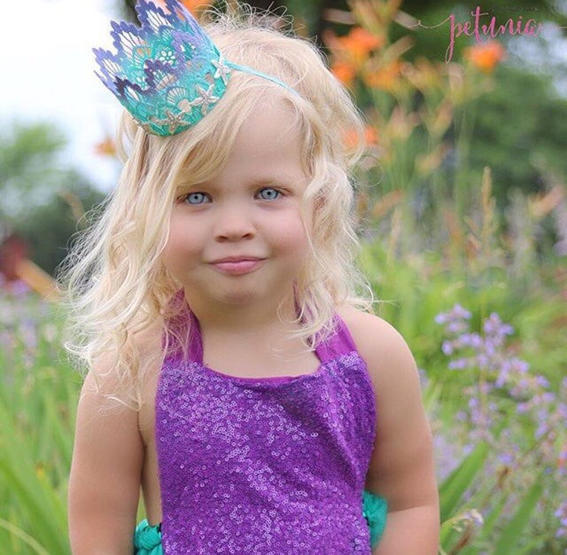 lavender and aqua ombre first birthday mermaid lace crown with gold starfish, and gold sparkly