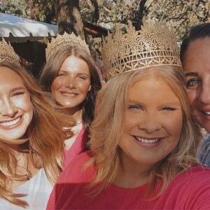 Group of women smiling outdoors wearing gold lace crowns by LoveCrush Crowns, bridesmaids style crowns, full lace crown for women, birthday or bachelorette party look, photoshoot inspiration