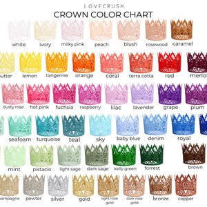 LoveCrush Crowns lace crown color chart showing 50+ options including white, ivory, blush, rosewood, caramel, yellow, orange, coral, red, merlot, pink, fuchsia, raspberry, lilac, lavender, plum, mauve, aqua, turquoise, teal, blue, denim, navy, lime, mint, sage, green, forest, brown, black, champagne, silver, gold, rose gold, bronze, copper, custom color lace crowns