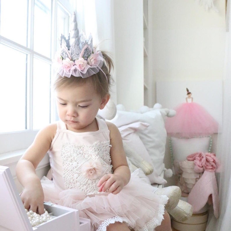 Unicorn flower lace crown headband  silver  pink ivory  image 3