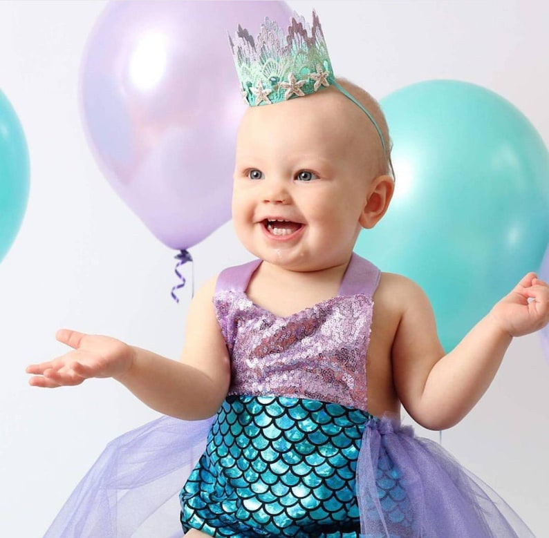 lavender and aqua ombre first birthday mermaid lace crown with gold starfish, and gold sparkly "one"