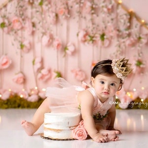 First Birthday crown MINI Sienna gold baby pink flowers lace crown headband photo prop customize ANY age image 2