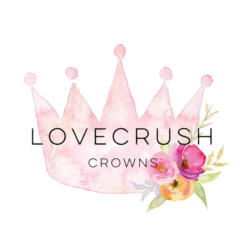 May include: A watercolor illustration of a pink crown with floral accents. The text "LOVECRUSH CROWNS" is below the crown.