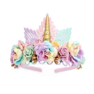 Einhorn Tiara: Pastell Regenbogen Blumenkrone, Gold Muschel Horn