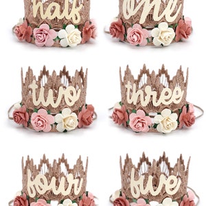 NEW first birthday lace crown cursive ONE mini Sienna rose gold lace crown with dusty pink, mauve, and ivory flowers customize ANY age image 5