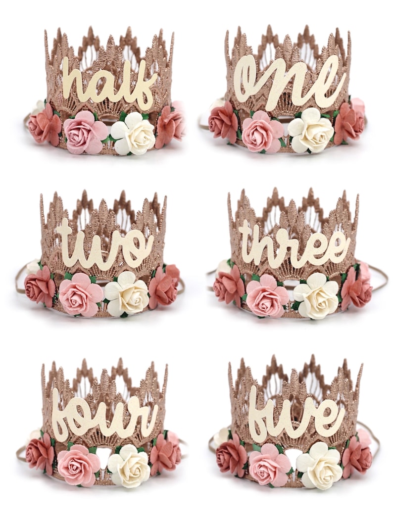 NEW first birthday lace crown cursive ONE mini Sienna rose gold lace crown with dusty pink, mauve, and ivory flowers customize ANY age image 5