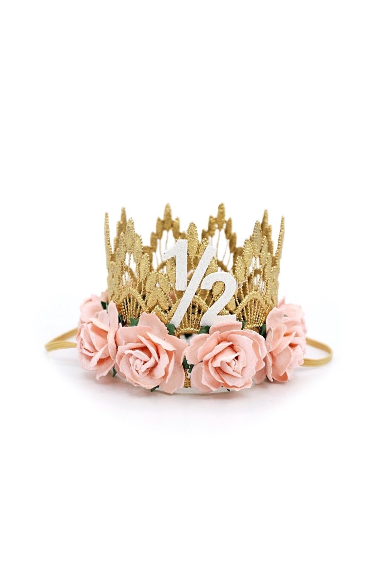 half birthday crown 1/2 birthday party hat MINI Sienna gold palest pink flowers lace crown headband customize ANY age image 1