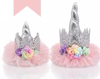 Dog Birthday Unicorn Crown | Floral Pet Party Tiara | Gold or Silver Dog Crown
