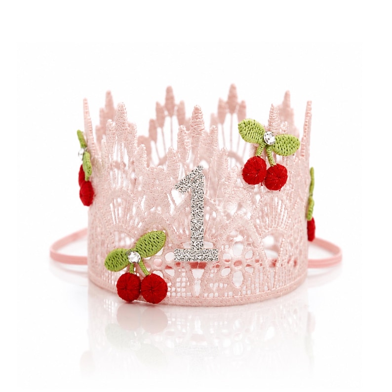 Cherry first birthday crown. Blush pink lace crown with red embroidered cherries & rhinestone sparkly age 1. by LoveCrush Crowns cake smash heirloom accessories.