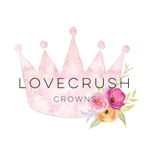 May include: A watercolor illustration of a pink crown with floral accents. The text "LOVECRUSH CROWNS" is below the crown.