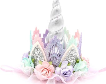 Unicorn flower lace crown headband || silver + pink + lavender + aqua  || Unicrown