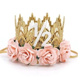 half birthday crown | 1/2 birthday party hat | MINI Sienna gold + palest pink flowers lace crown headband | customize ANY age