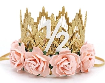 half birthday crown | 1/2 birthday party hat | MINI Sienna gold + palest pink flowers lace crown headband | customize ANY age