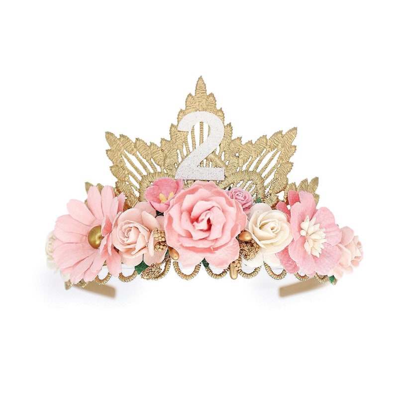 gold tiara headband with pink boho flowers and white sparkly age 2, toddler birthday crown party hat