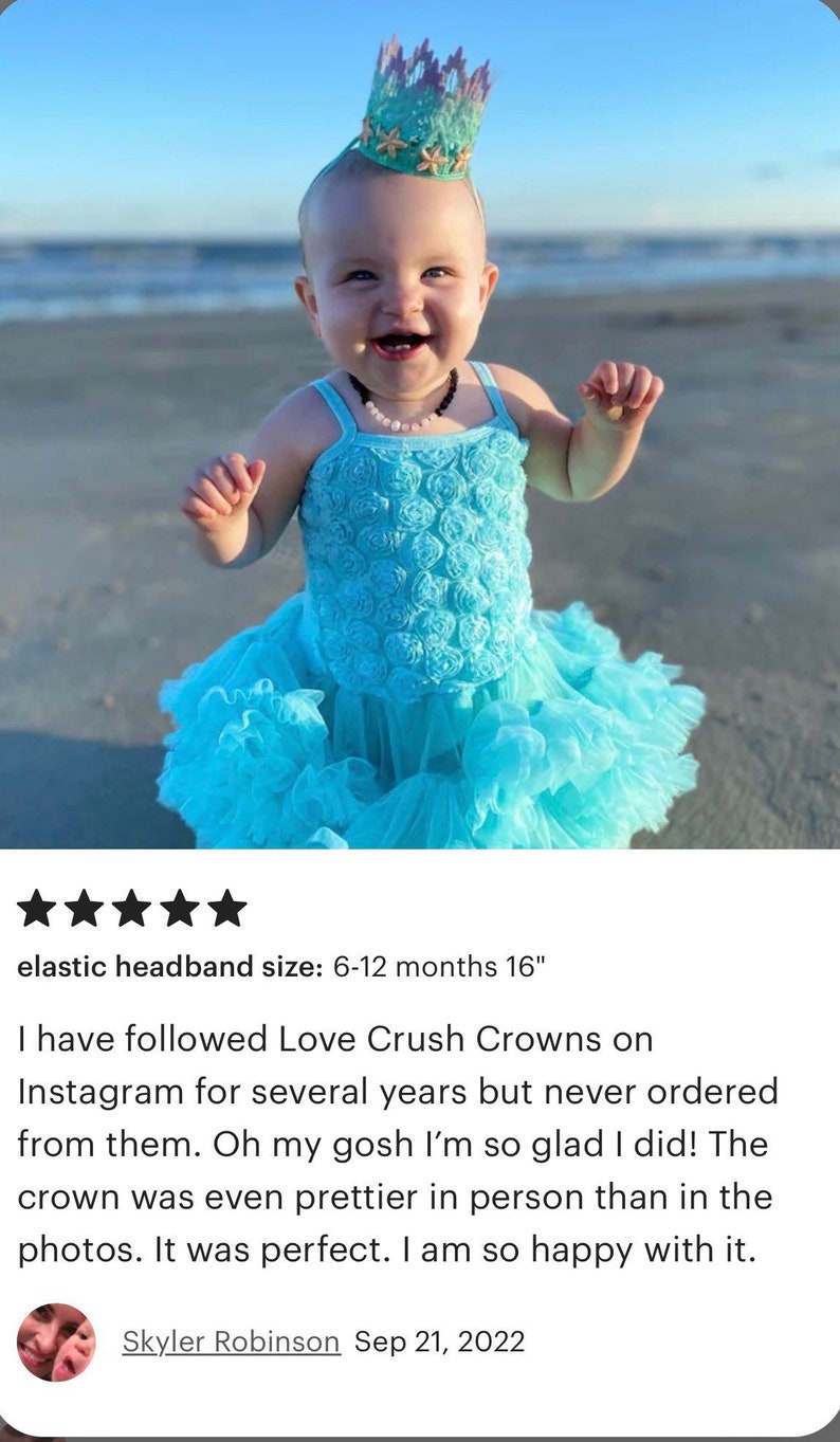 lavender and aqua ombre first birthday mermaid lace crown with gold starfish, and gold sparkly "one"