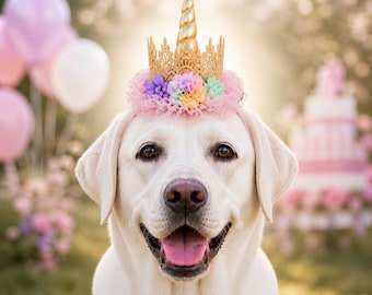 Dog Birthday Unicorn Crown | Floral Dog Birthday Hat | Gold or Silver Pet Party Crown