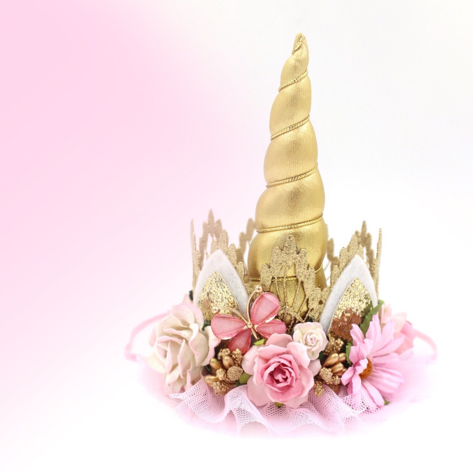 Boho Bloom Pink Gold UNICORN Flower Lace Crown Headband With | Etsy