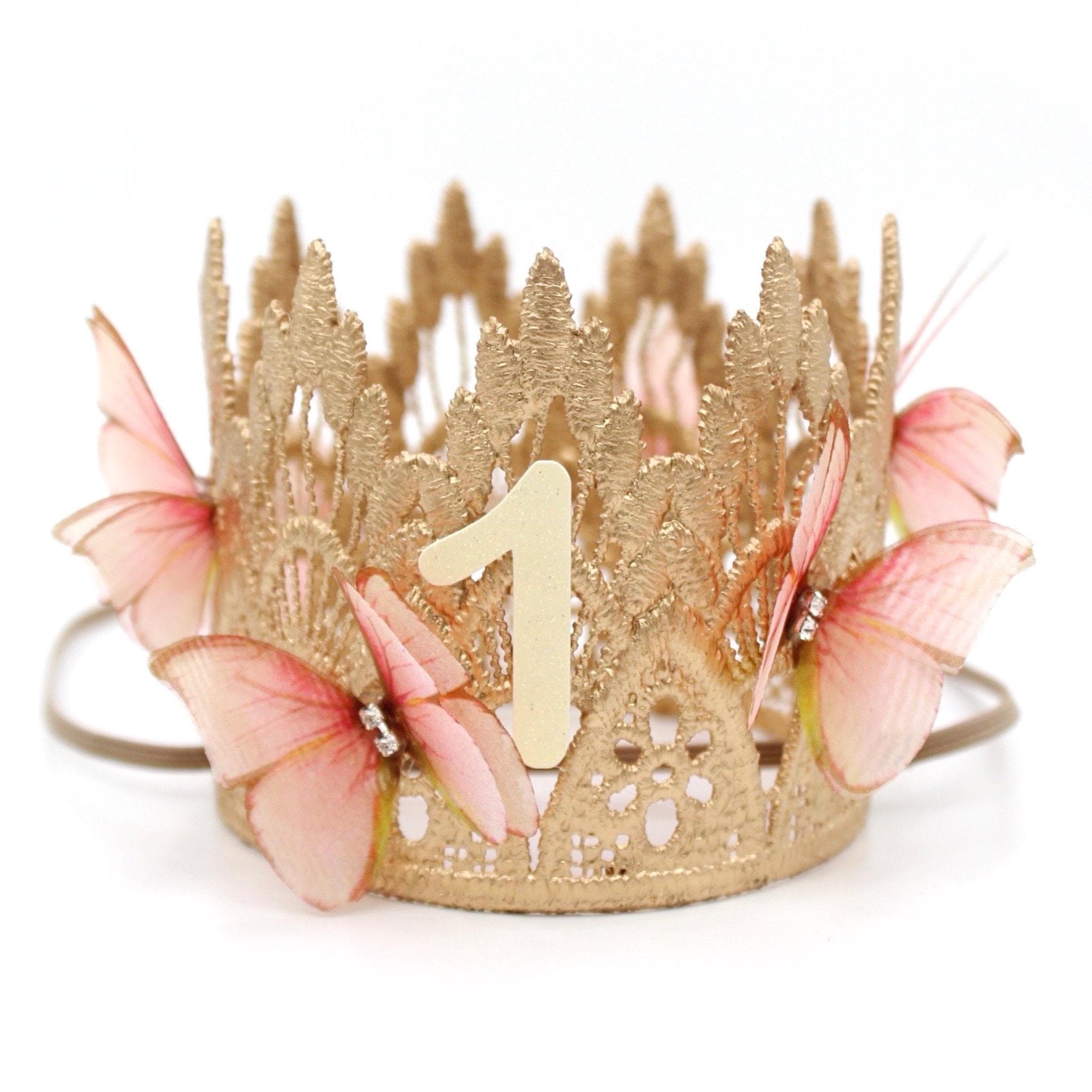 Fairy First Birthday Butterfly Mini Sienna Flower Lace Crown, Baby Girl Birthday Tiara, Toddler Headpiece - Cake Smash Crown, Handmade Tiara