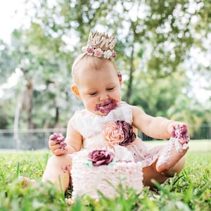 NEW first birthday lace crown cursive ONE mini Sienna rose gold lace crown with dusty pink, mauve, and ivory flowers customize ANY age image 9