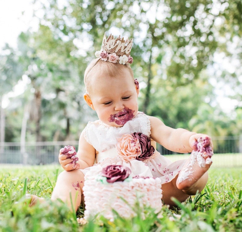 NEW first birthday lace crown cursive ONE mini Sienna rose gold lace crown with dusty pink, mauve, and ivory flowers customize ANY age image 9