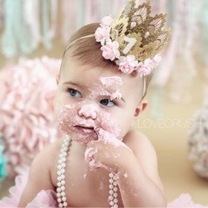 First Birthday crown MINI Sienna gold baby pink flowers lace crown headband photo prop customize ANY age image 3