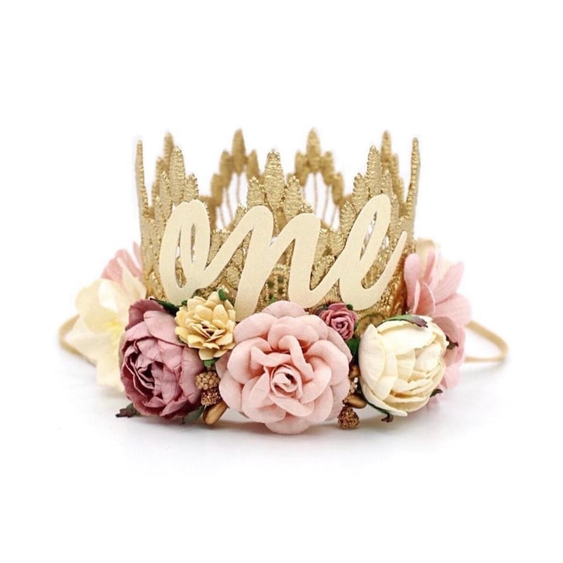 Boho first birthday crown in gold with ivory cursive "one" lettering and a boho mix of florals in blush, dusty pink, and ivory. It's perfect for photos shoots, birthday parties, and celebrations. LoveCrush Crowns