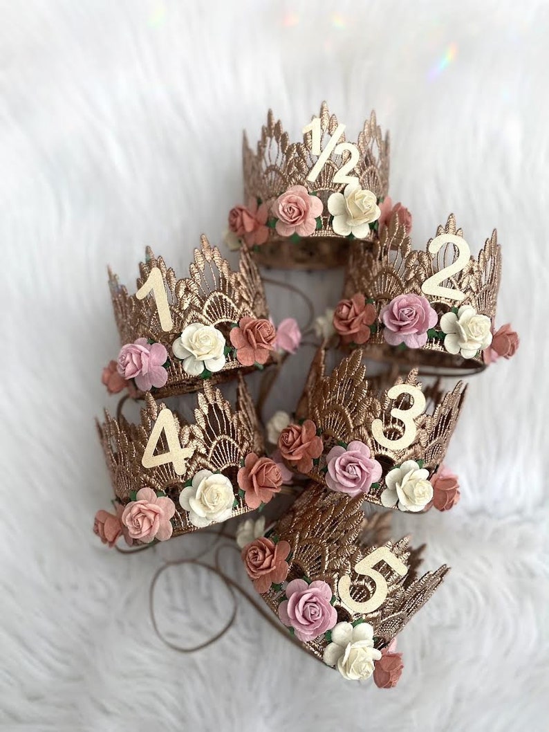 NEW first birthday lace crown cursive ONE mini Sienna rose gold lace crown with dusty pink, mauve, and ivory flowers customize ANY age image 4