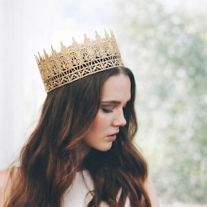 Woman wearing gold lace crown by LoveCrush Crowns, full crown for women, light airy background, 50+ colors available, bridal crown, wedding crown, birthday crown, princess crown, photoshoot crown