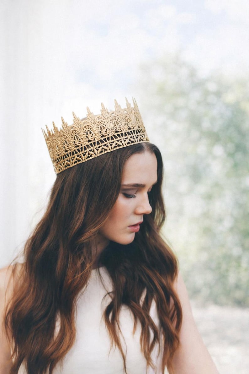 Woman wearing gold lace crown by LoveCrush Crowns, full crown for women, light airy background, 50+ colors available, bridal crown, wedding crown, birthday crown, princess crown, photoshoot crown