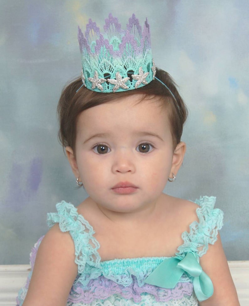 lavender and aqua ombre first birthday mermaid lace crown with gold starfish, and gold sparkly "one"