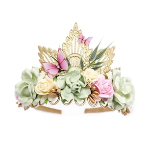 gold lace tiara with pink & ivory faux flowers, delicate organza butterflies. Perfect for baby girl or toddler girl fairy-themed birthdays, photoshoots, or special occasions. Handcrafted with attention to detail for a whimsical and elegant boho look.