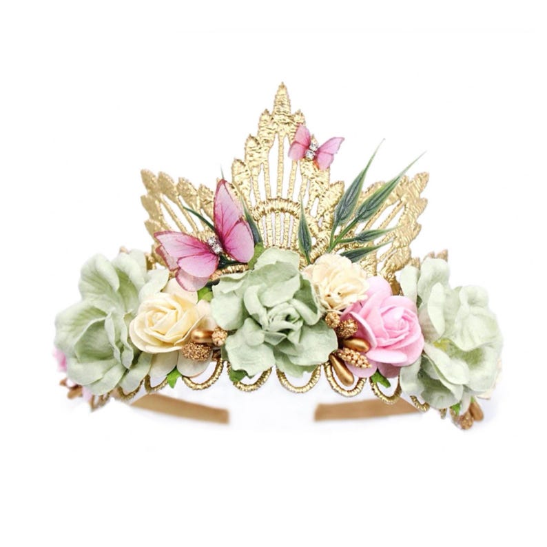 gold lace tiara with pink & ivory faux flowers, delicate organza butterflies. Perfect for baby girl or toddler girl fairy-themed birthdays, photoshoots, or special occasions. Handcrafted with attention to detail for a whimsical and elegant boho look.
