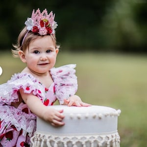 blush pink and red strawberry first birthday crown with sparkly "1" and pink and red roses, boho 1st birthday party hat, my berry 1st birthday tiara
