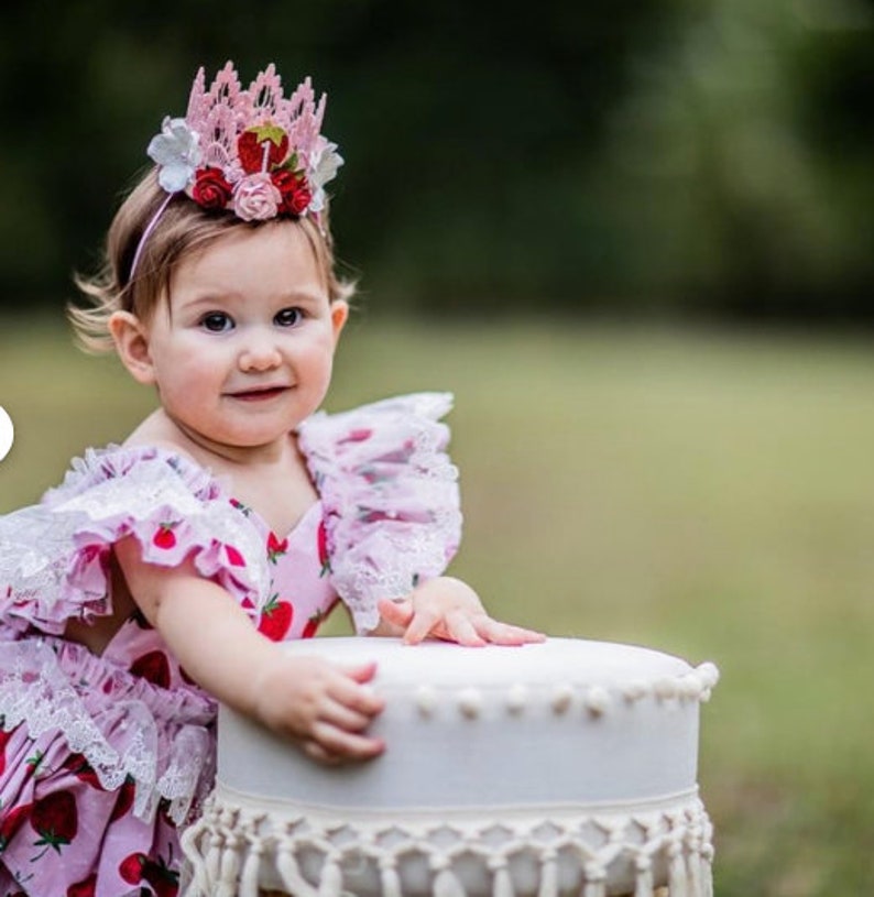 first 1st birthday strawberry boho bloom MINI Sienna flower lace crown headband hat berry first sweet one customize ANY age image 3