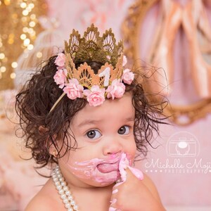 First Birthday crown MINI Sienna gold baby pink flowers lace crown headband photo prop customize ANY age image 5