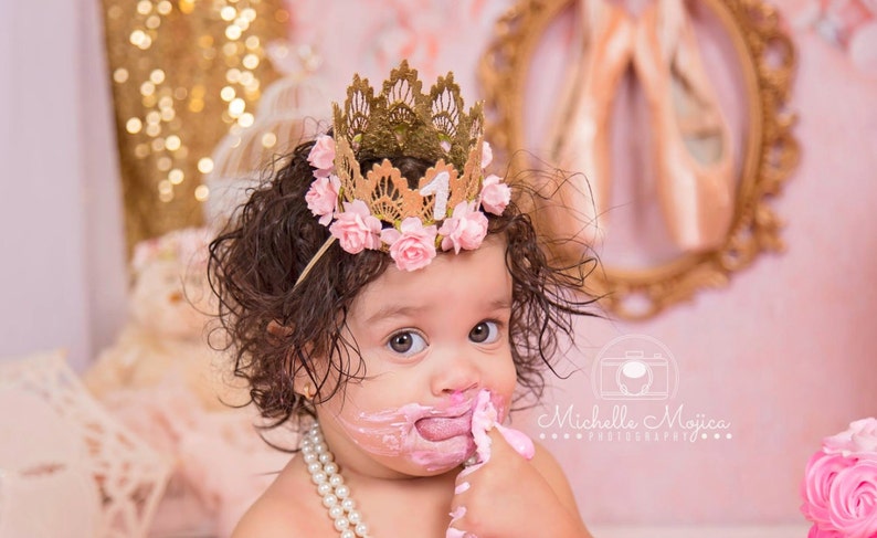 First Birthday crown MINI Sienna gold baby pink flowers lace crown headband photo prop customize ANY age image 5