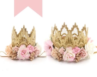 Dog Birthday Flower Crown | Floral Birthday Tiara for Cats & Pets | Gold + Pink + Peach