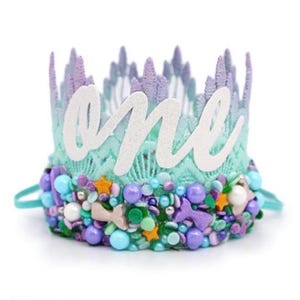 Mermaid First Birthday Crown - Aqua Lavender Lace Tiara with Candy Sprinkles - Under the Sea Cake Smash Hat - Mermaid Birthday Outfit
