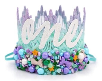 Mermaid First Birthday Crown - Aqua Lavender Lace Tiara with Candy Sprinkles - Under the Sea Cake Smash Hat - Mermaid Birthday Outfit
