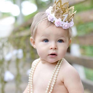 First Birthday crown MINI Sienna gold baby pink flowers lace crown headband photo prop customize ANY age image 6