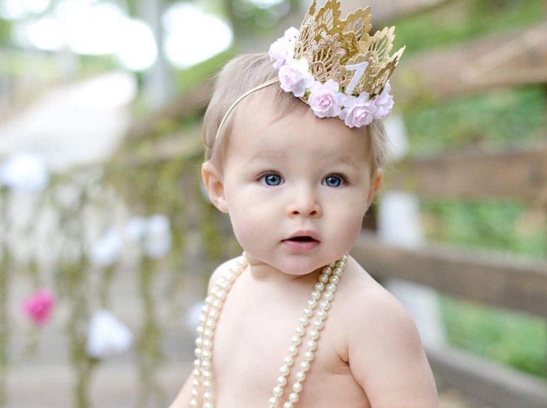 First Birthday crown MINI Sienna gold baby pink flowers lace crown headband photo prop customize ANY age image 6