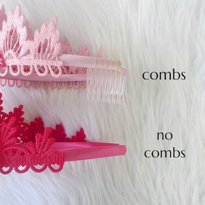May include: Two pink lace headbands, one with combs and one without. The headband with combs has a gold wire comb.