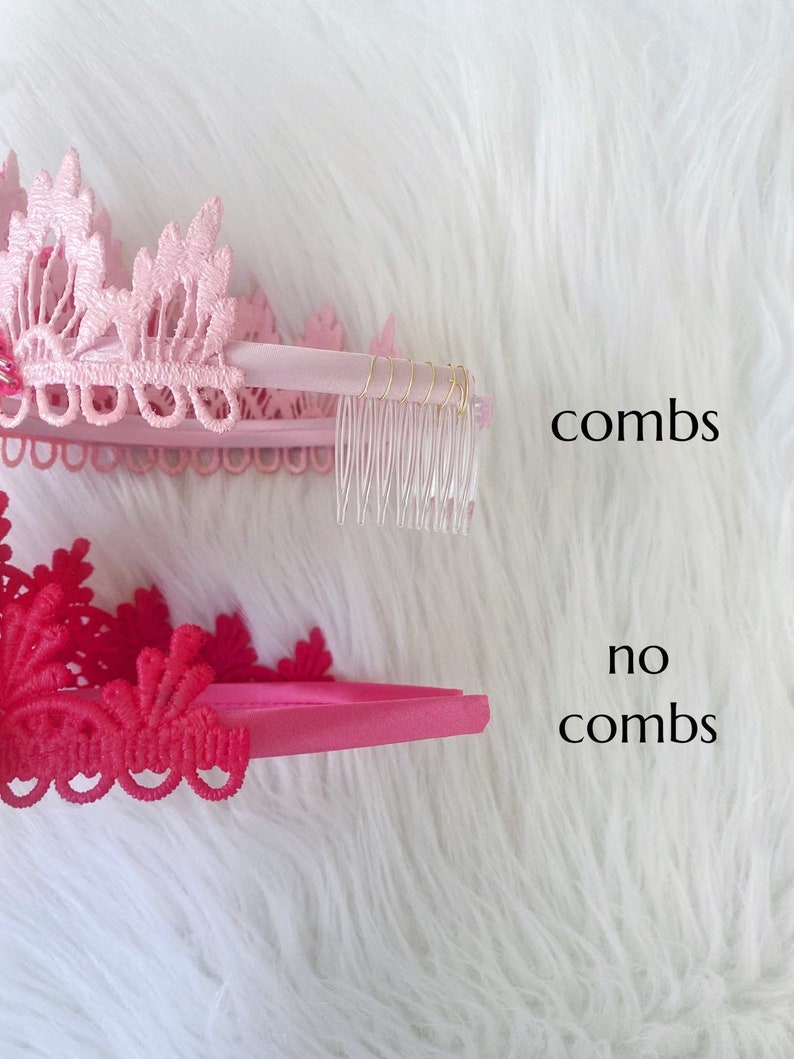 May include: Two pink lace headbands, one with combs and one without. The headband with combs has a gold wire comb.