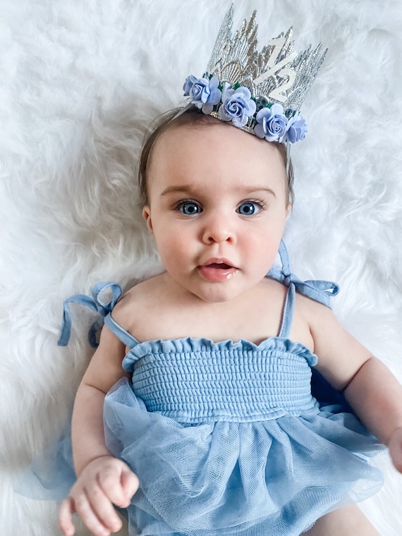 Half 1/2 Birthday Sienna MINI Flower Lace Crown Party Hat Headband Silver  Baby Blue Flowers 6 Months Customize in ANY Age -  Canada