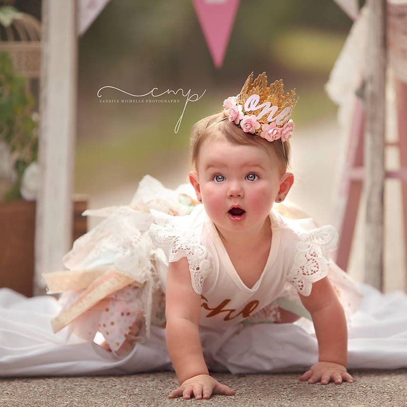 First Birthday Crown 1st Birthday Crown 1st Birthday Girl Outfit First Birthday Outfit Girl gold baby pink Sienna MINI image 5