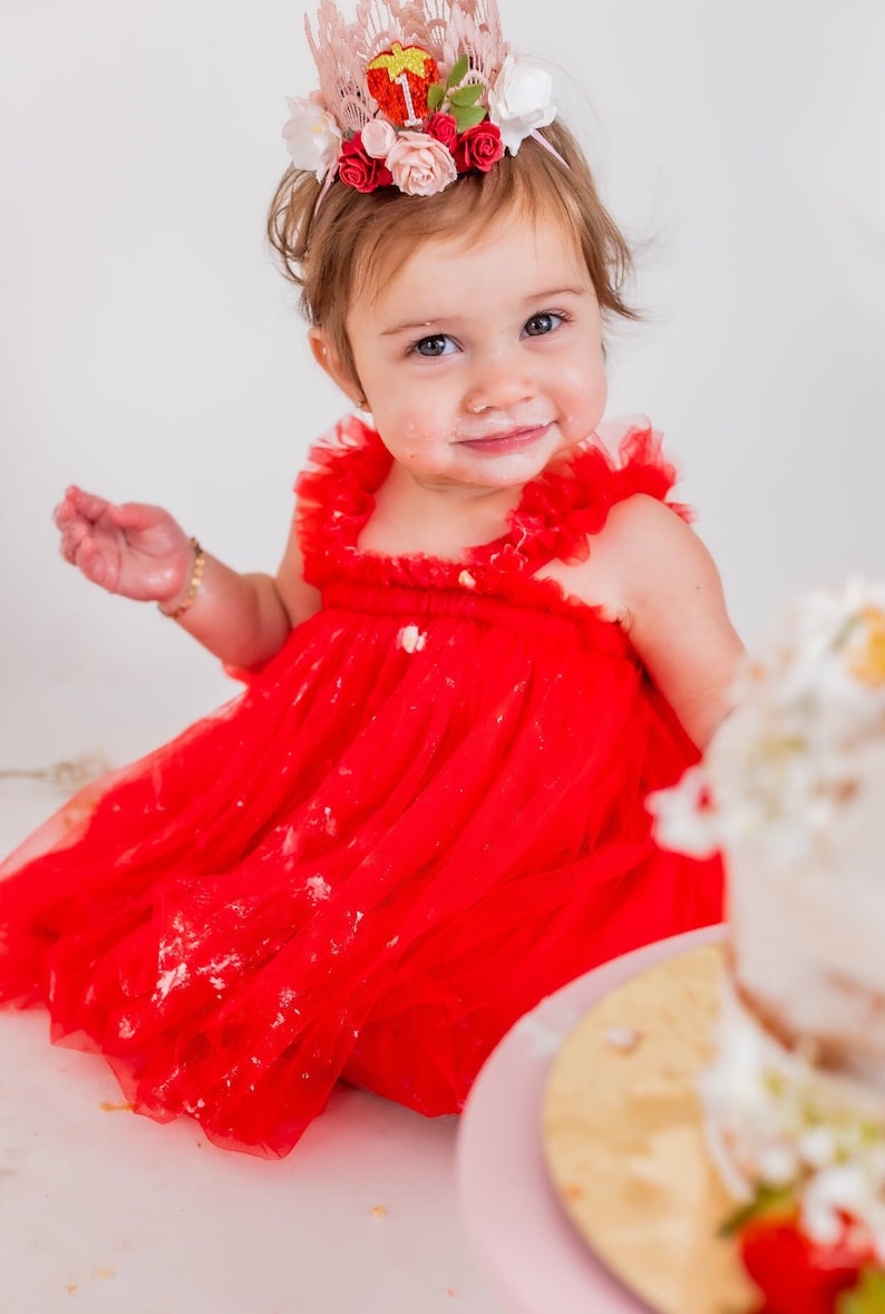 first 1st birthday strawberry boho bloom MINI Sienna flower lace crown headband hat berry first sweet one customize ANY age image 6