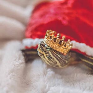 Small turtle wearing a gold mini lace crown and dressed in a red and white holiday cape. The turtle is resting on a cozy cream-colored blanket, styled for a Christmas-themed pet photo. This crown is part of a 4-piece mini crown bundle handmade from sculpted lace. Designed for tiny pets, dolls, and figurines, these crowns are freestanding with no bands or clips. Ideal for pet holiday shoots, gifts, and seasonal decor props.